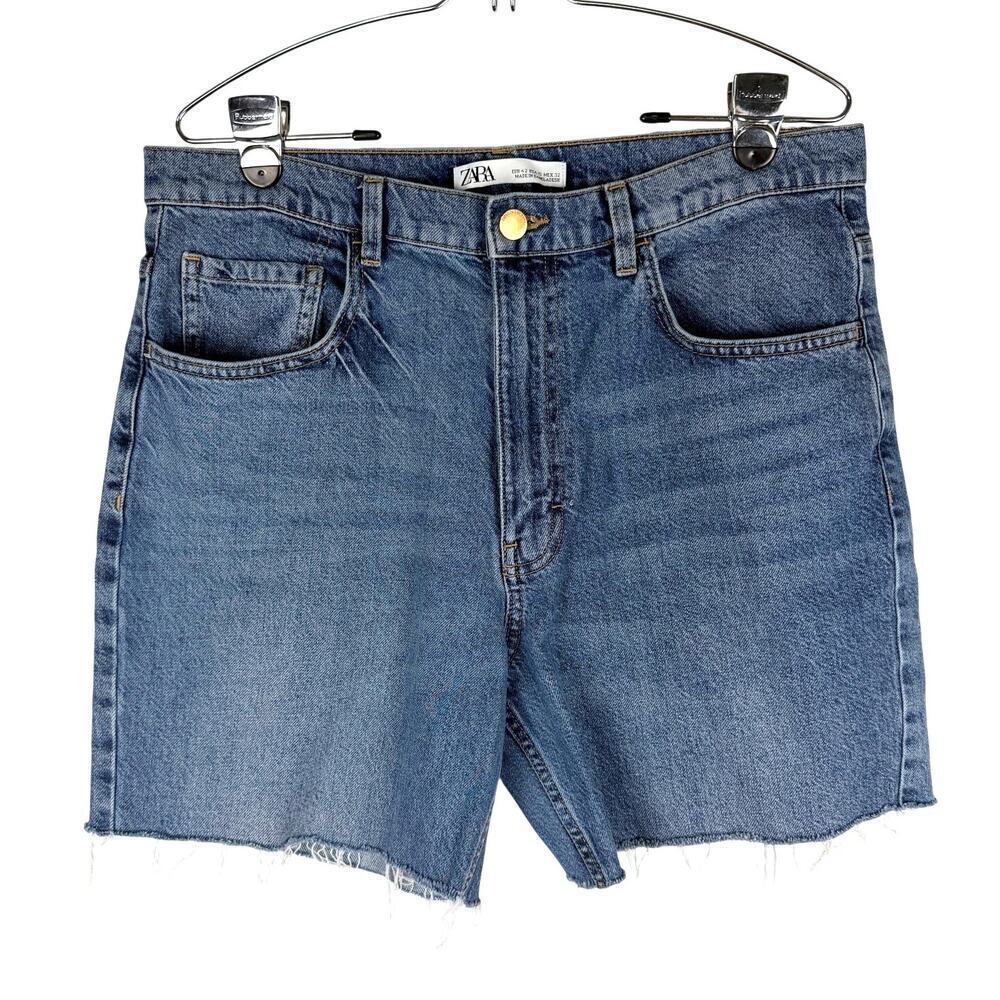 Zara Medium Wash 6" Inseam Raw Hem High Rise Denim Shorts Bermuda Jeans Size 10